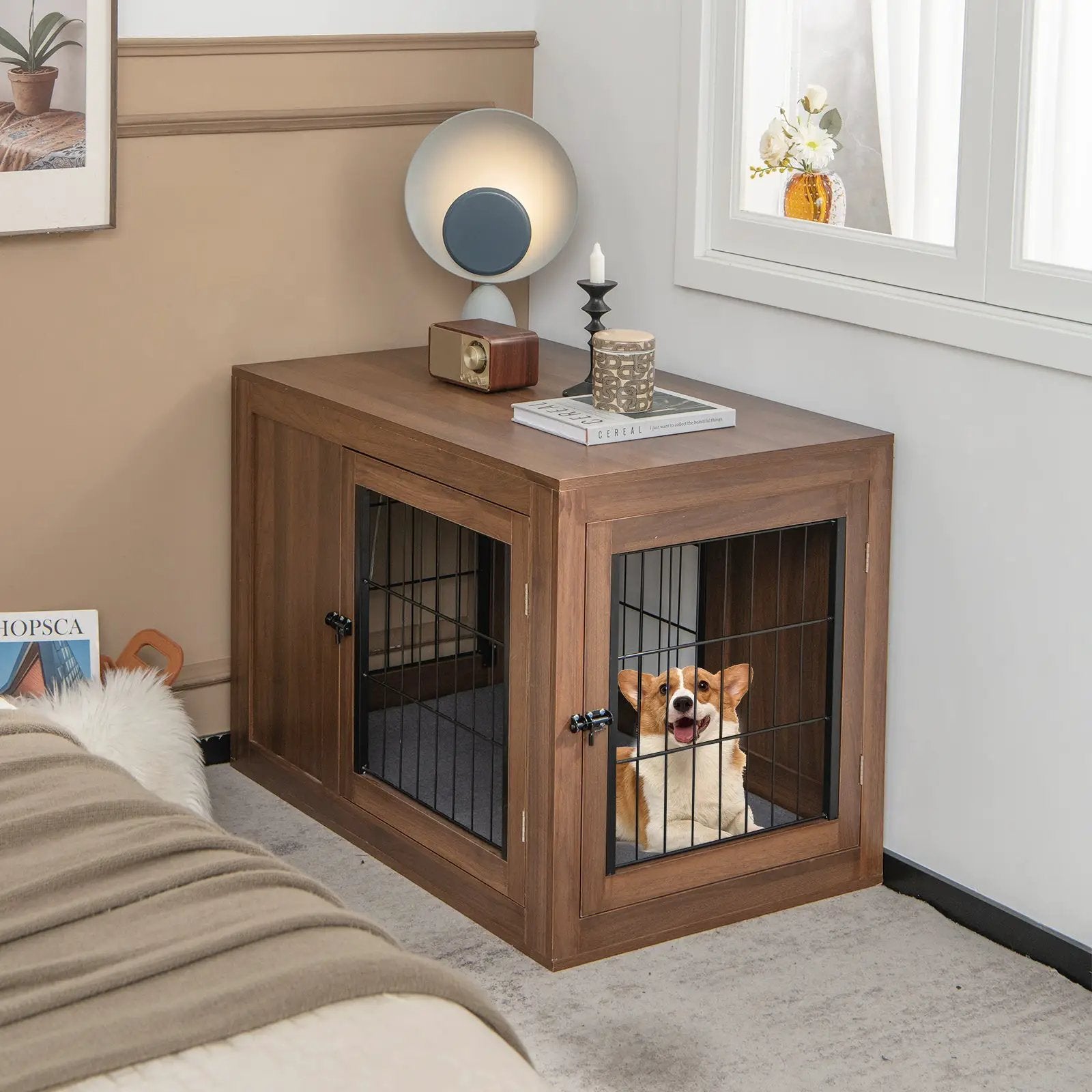 Furniture Dog Crate with Cushion and Double Doors-Walnut by DirectDeals