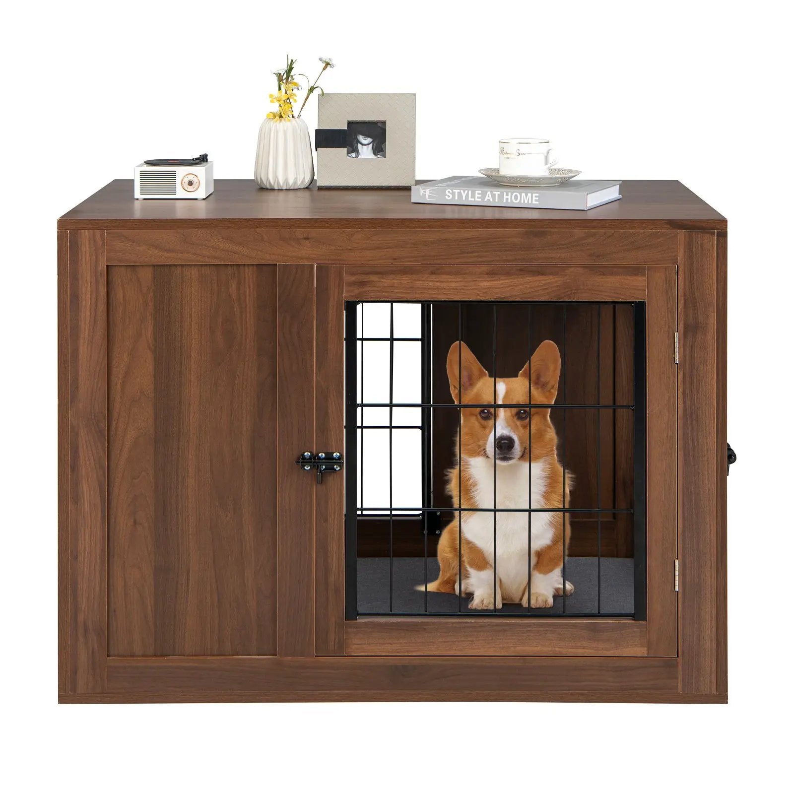 Furniture Dog Crate with Cushion and Double Doors-Walnut by DirectDeals