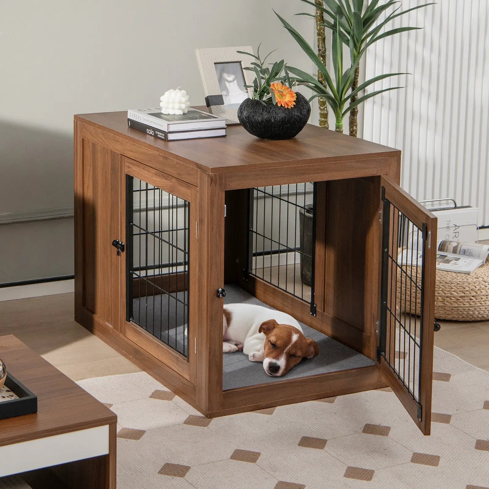 Furniture Dog Crate with Cushion and Double Doors-Walnut by DirectDeals