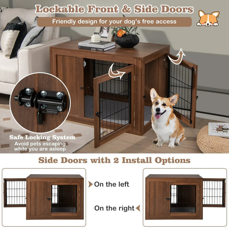 Furniture Dog Crate with Cushion and Double Doors-Walnut by DirectDeals