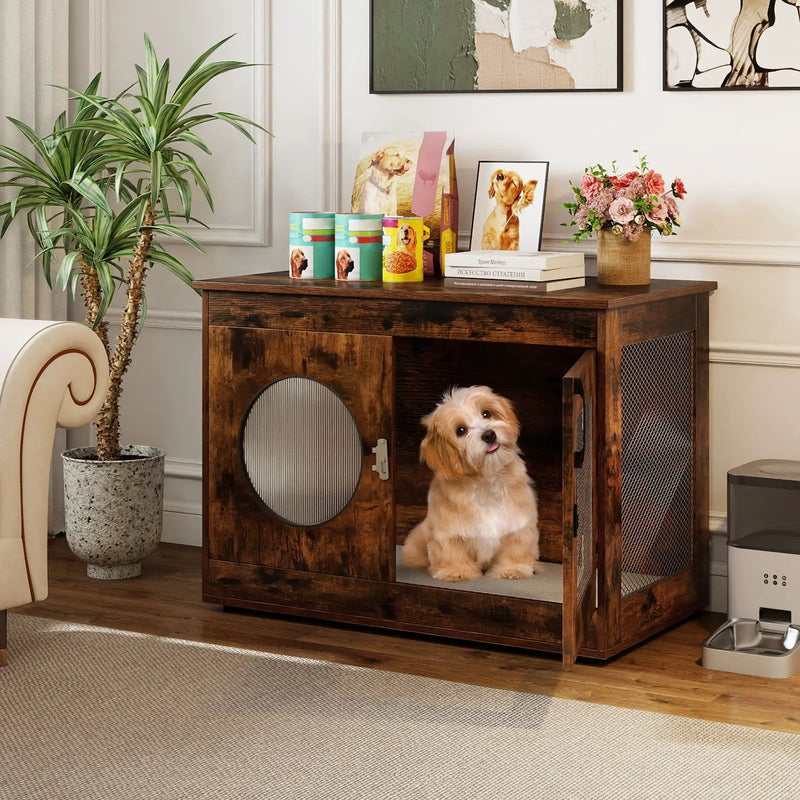 Furniture Style Dog Crate for Small and Medium Dogs with Translucent Window and Lockable Door-Rustic Brown by DirectDeals