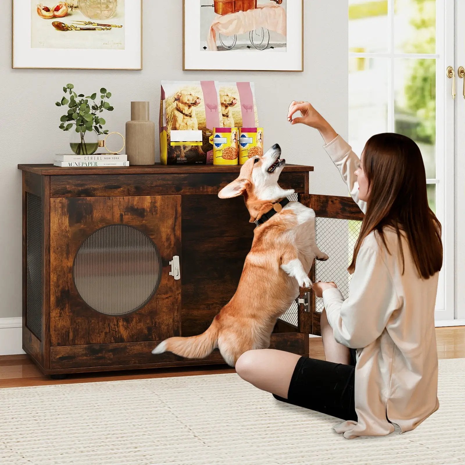 Furniture Style Dog Crate for Small and Medium Dogs with Translucent Window and Lockable Door-Rustic Brown by DirectDeals