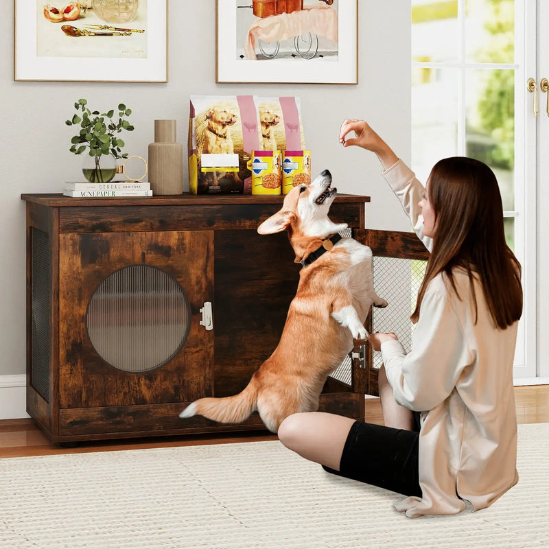 Furniture Style Dog Crate for Small and Medium Dogs with Translucent Window and Lockable Door-Rustic Brown by DirectDeals