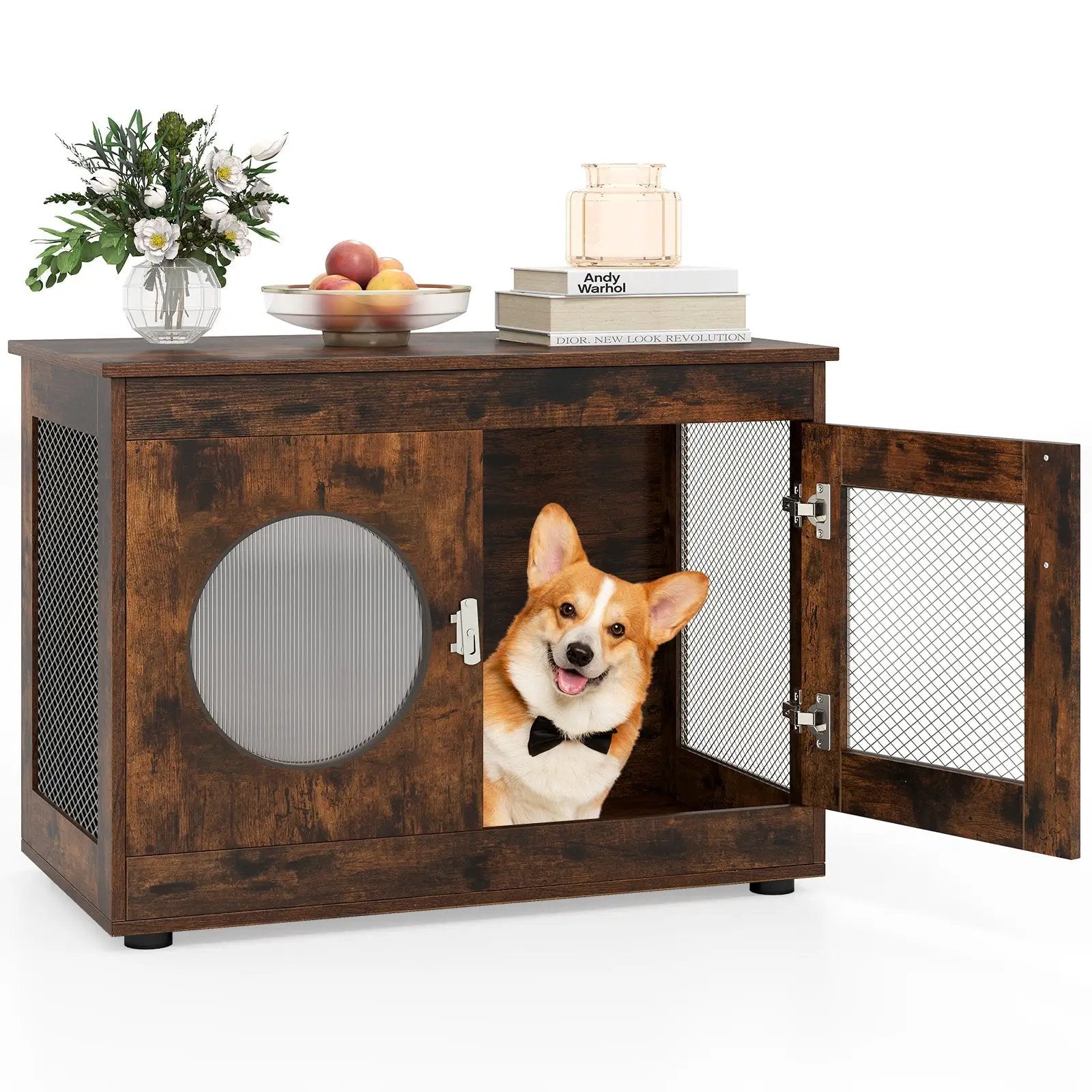 Furniture Style Dog Crate for Small and Medium Dogs with Translucent Window and Lockable Door-Rustic Brown by DirectDeals