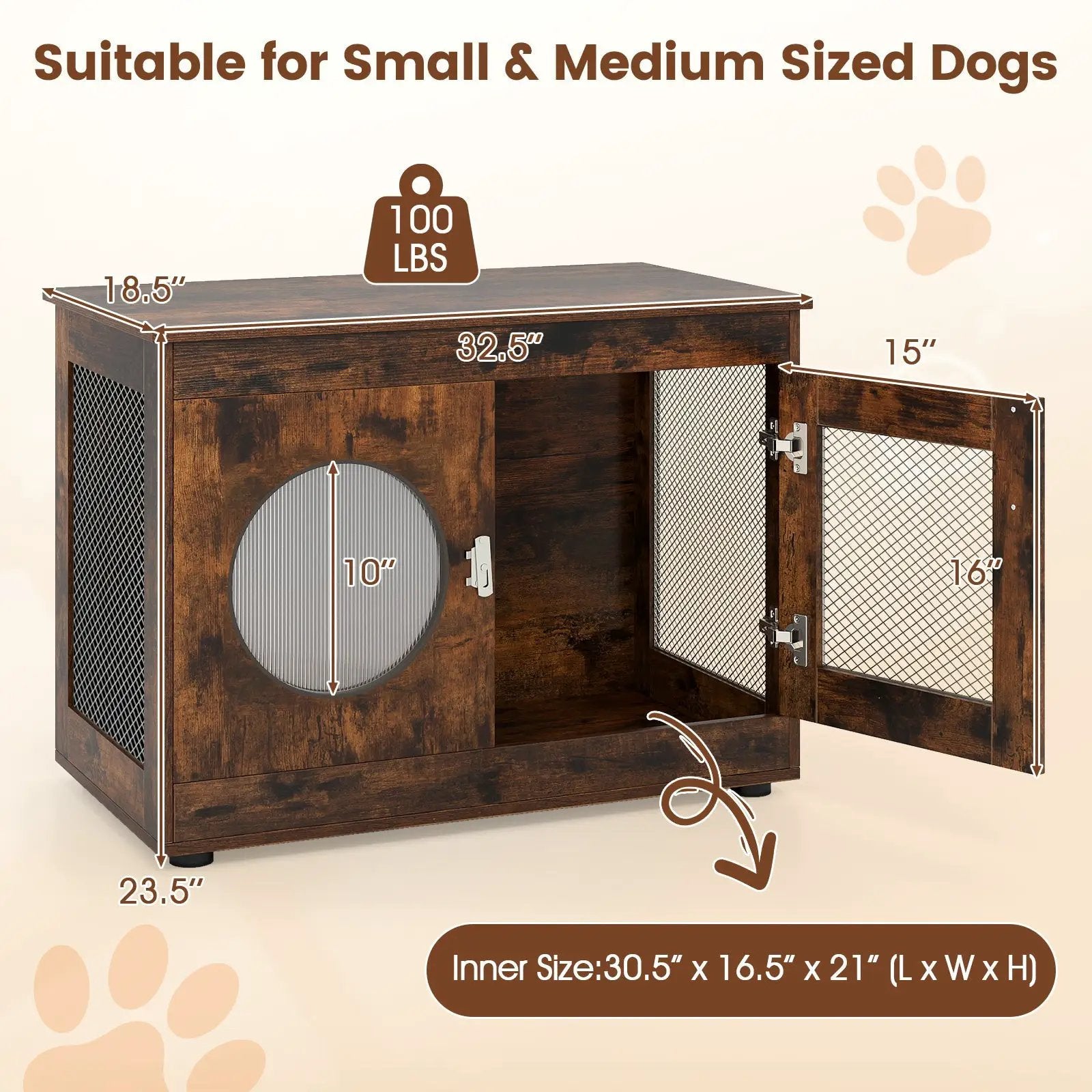 Furniture Style Dog Crate for Small and Medium Dogs with Translucent Window and Lockable Door-Rustic Brown by DirectDeals