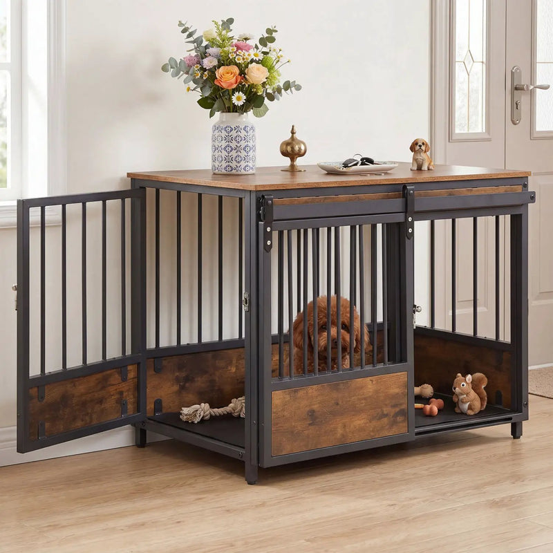 Dog Crate Furniture with Sliding Barn Door and Mat by DirectDeals