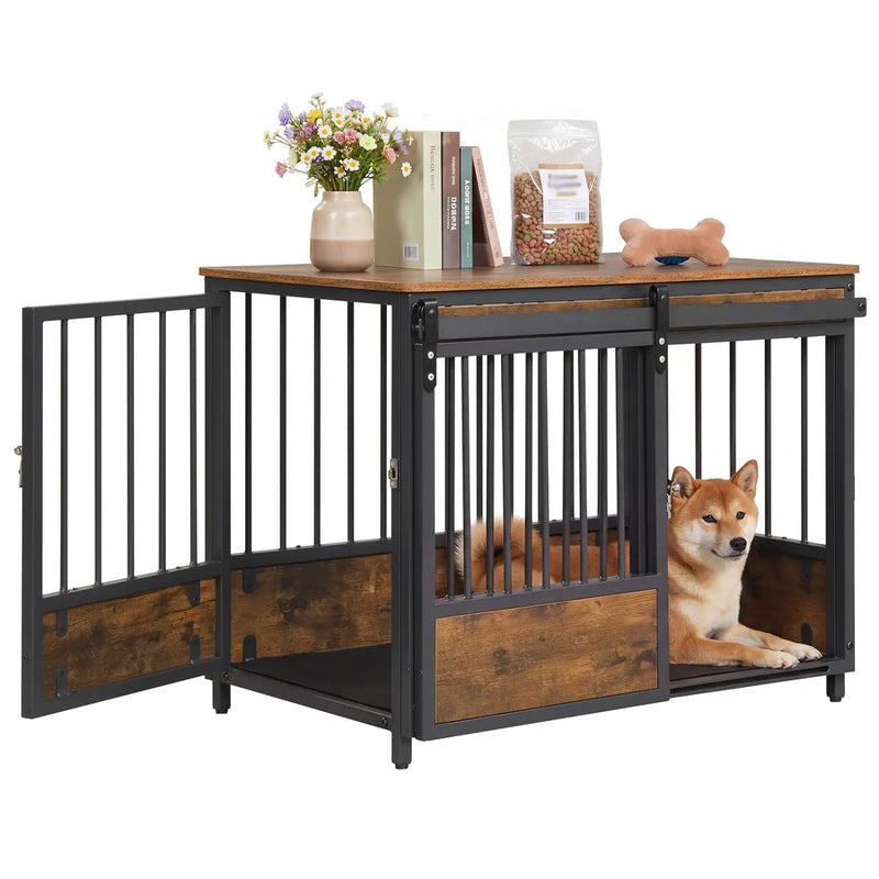 Dog Crate Furniture with Sliding Barn Door and Mat by DirectDeals