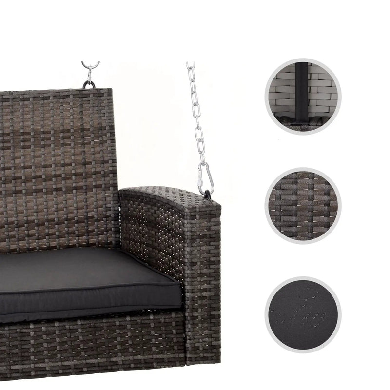 Grey Tones Wicker Porch Swing 7ft Hanging Chain with Dark Grey Padded Cushion by HomePacific