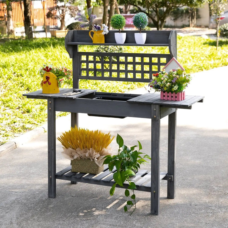 Outdoor Grey Wood Potting Bench Expandable Top with Food Grade Plastic Sink by HomePacific