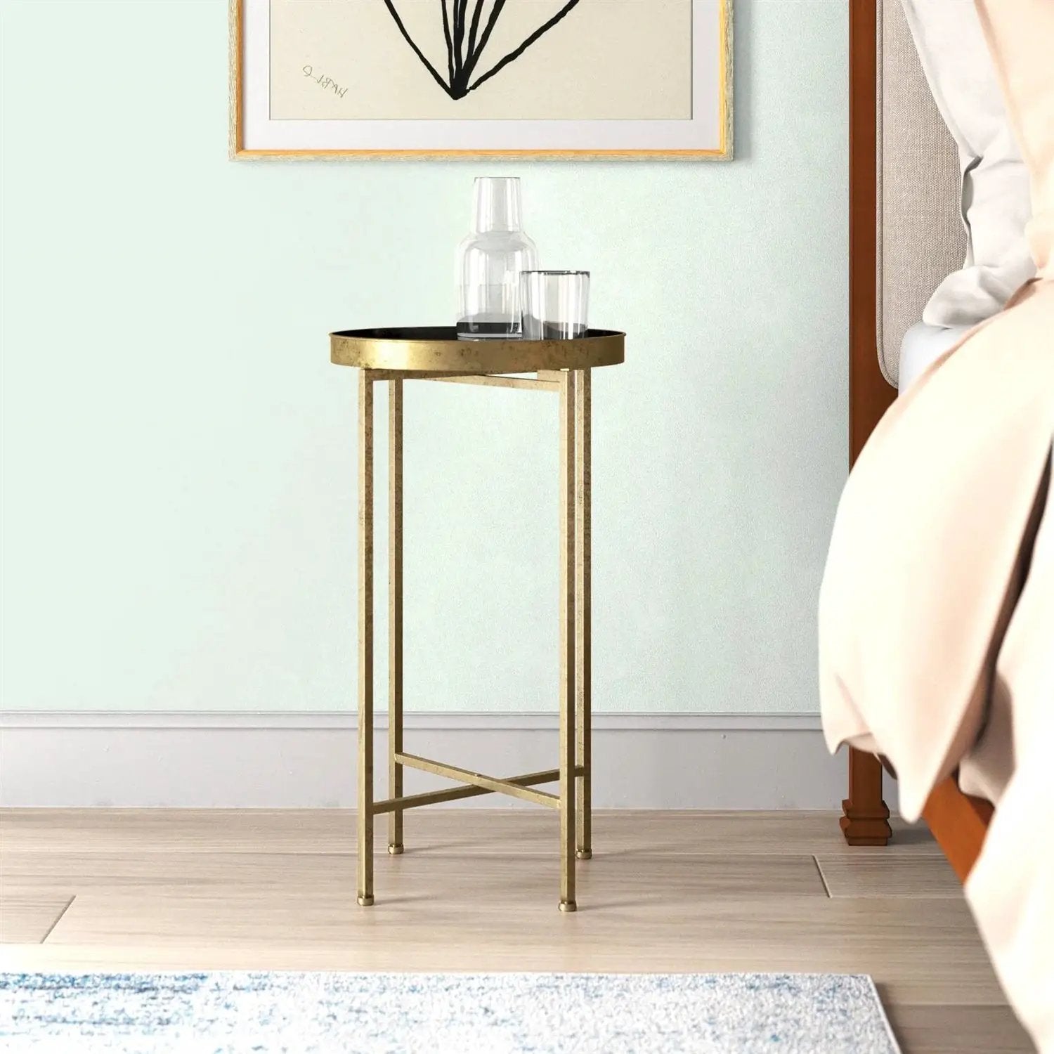 Gold Finish Metal Round Nightstand End Table with Removable Black Tray Top by HomePacific