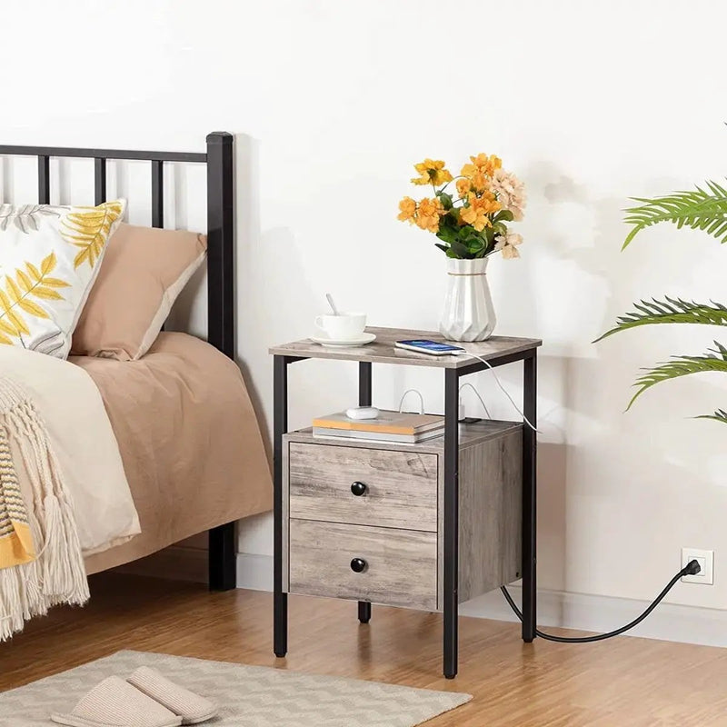 Modern Black Metal Nightstand with Grey Wood Finish Drawers and Shelf by HomePacific