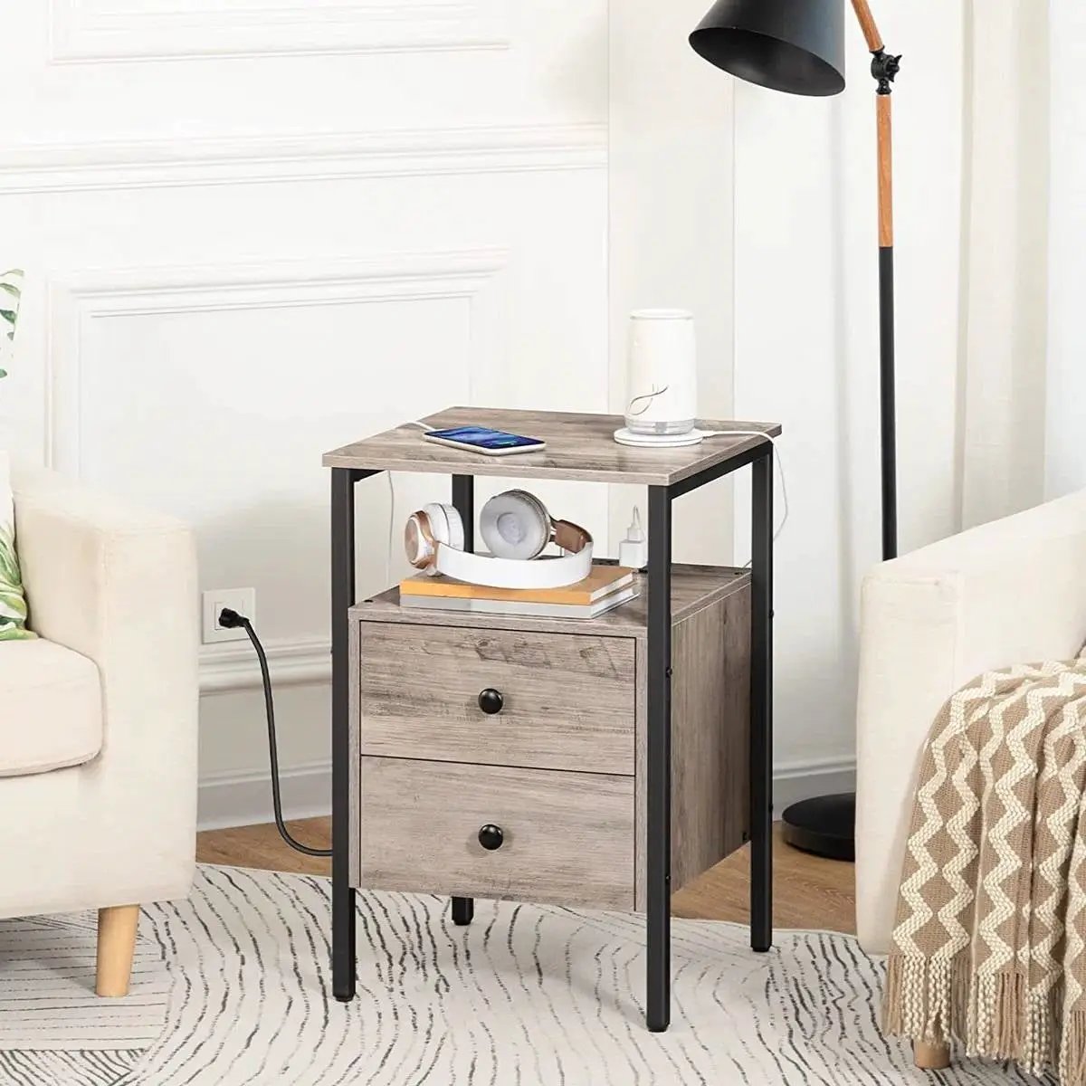 Modern Black Metal Nightstand with Grey Wood Finish Drawers and Shelf by HomePacific