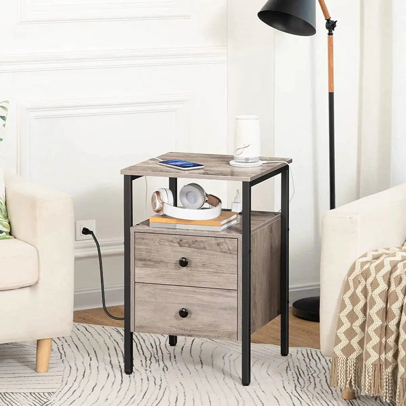 Modern Black Metal Nightstand with Grey Wood Finish Drawers and Shelf by HomePacific