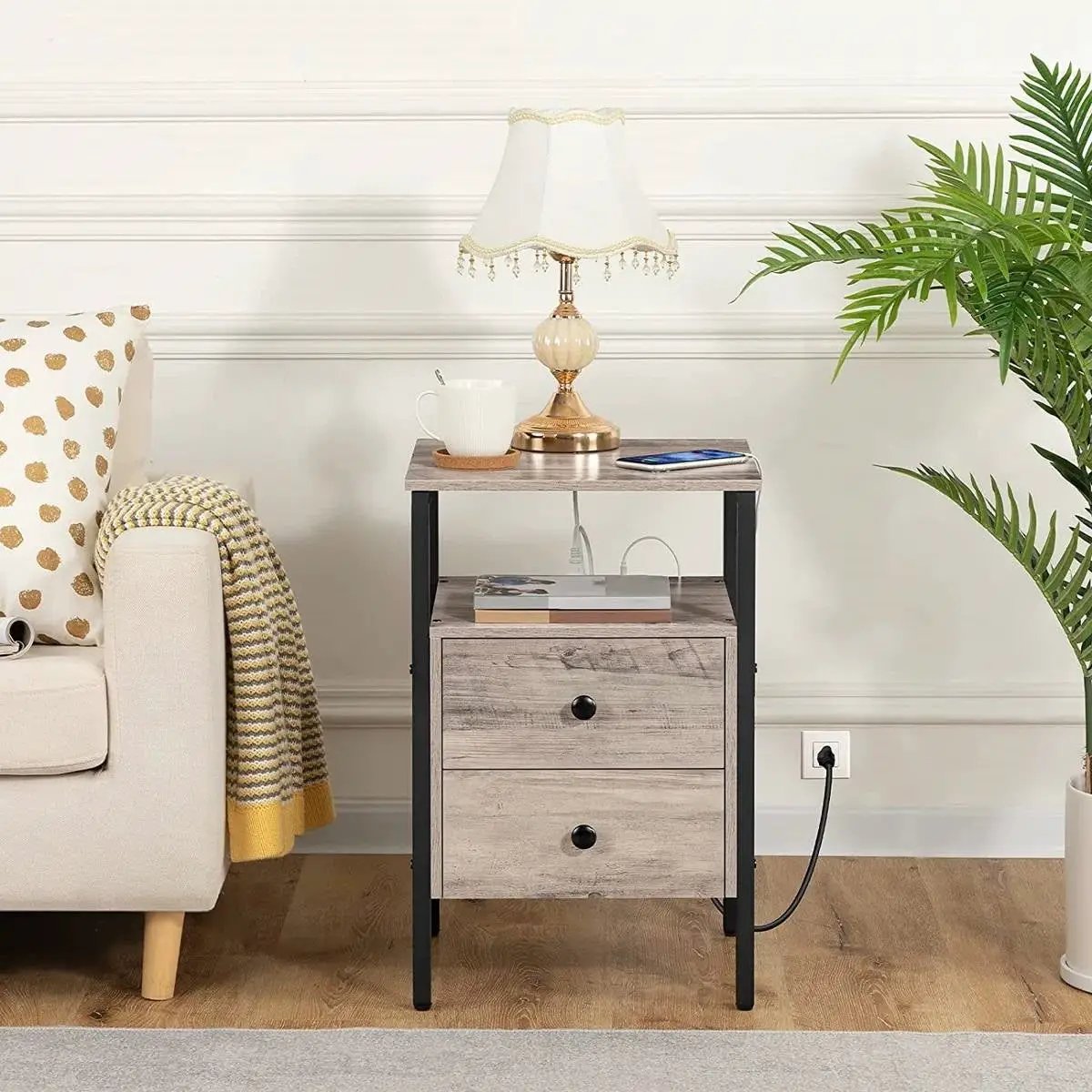 Modern Black Metal Nightstand with Grey Wood Finish Drawers and Shelf by HomePacific