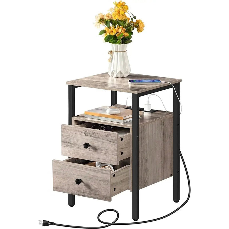 Modern Black Metal Nightstand with Grey Wood Finish Drawers and Shelf by HomePacific