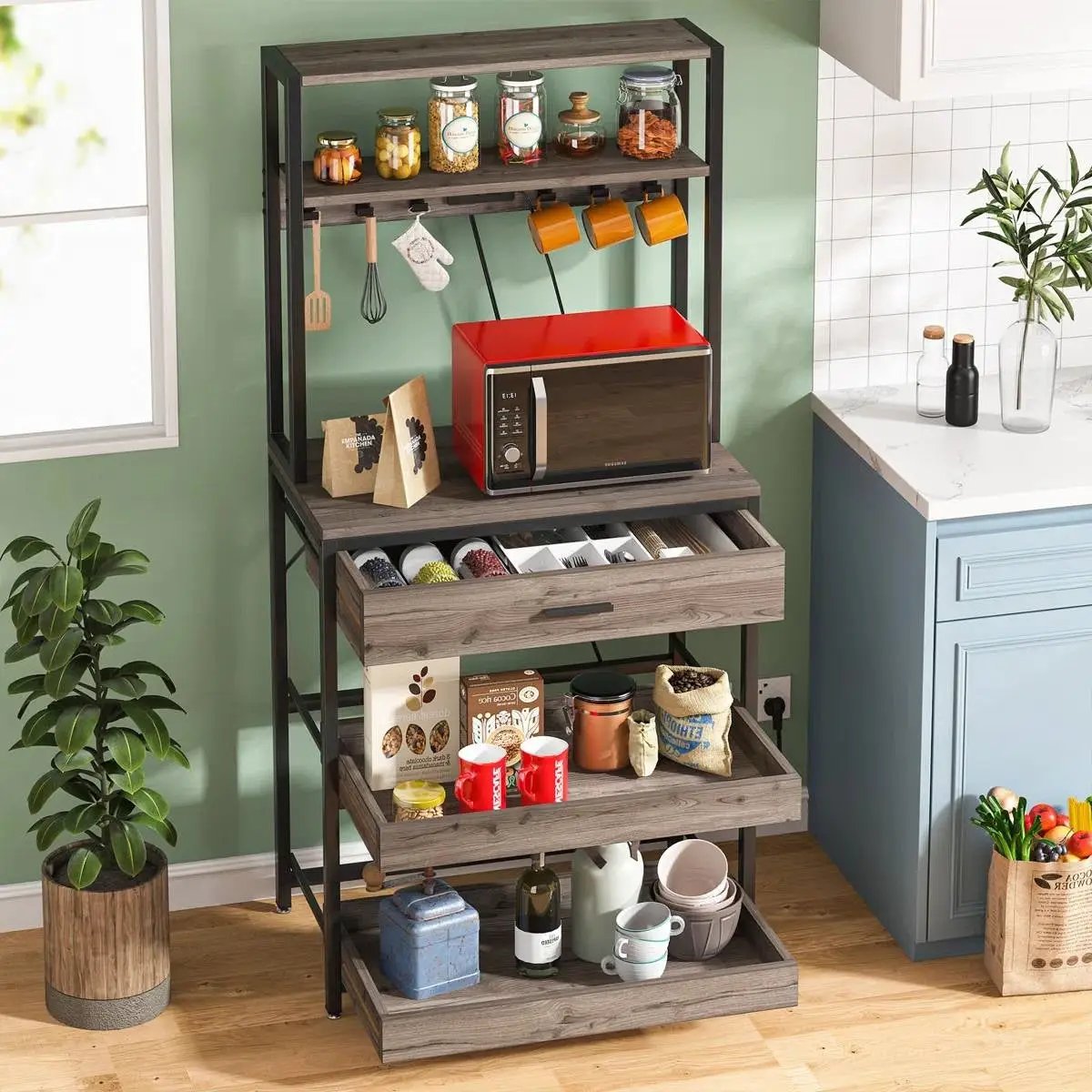 Grey Modern Baker's Rack Kitchen Shelving Unit with Pull-Out Shelves and Drawer by HomePacific