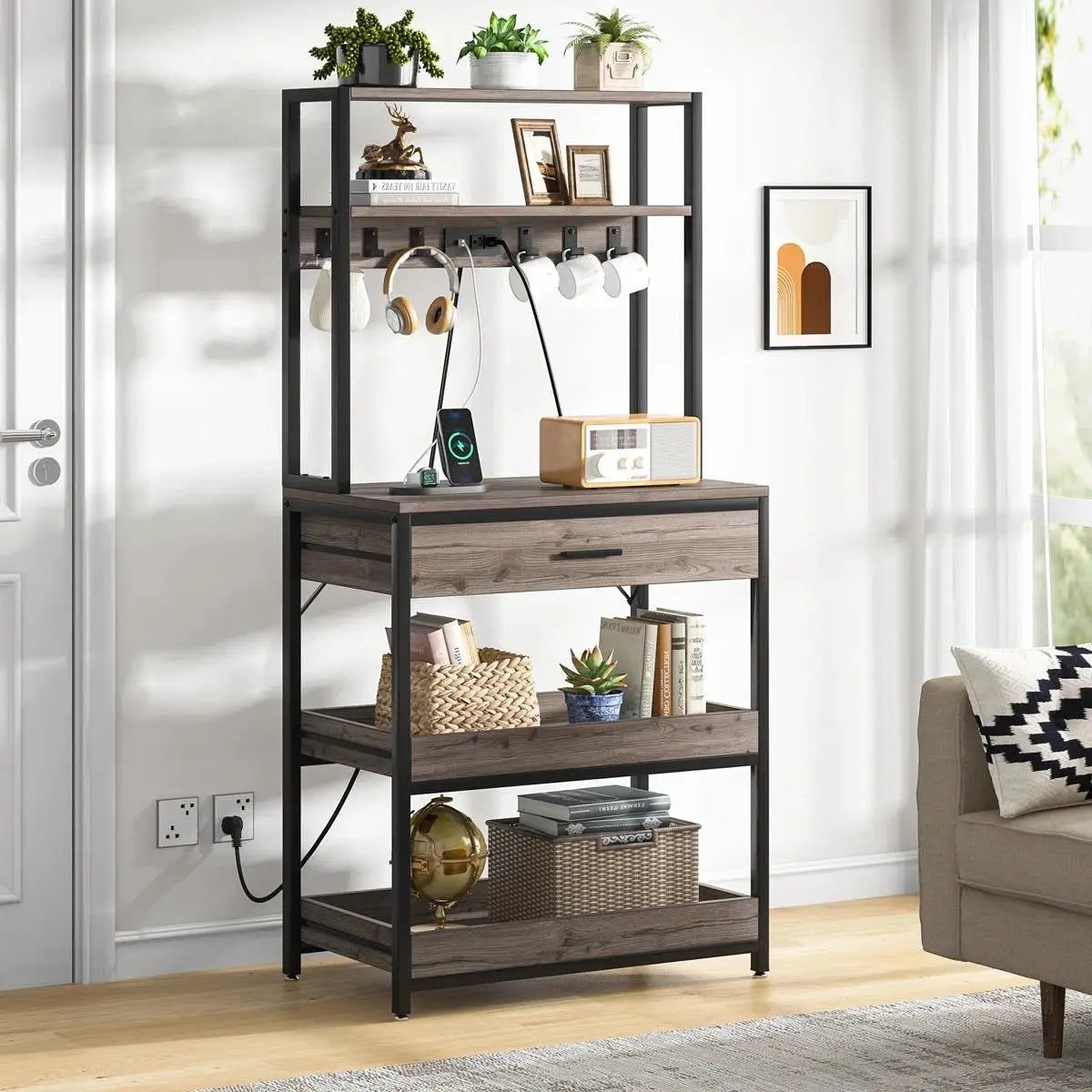 Grey Modern Baker's Rack Kitchen Shelving Unit with Pull-Out Shelves and Drawer by HomePacific
