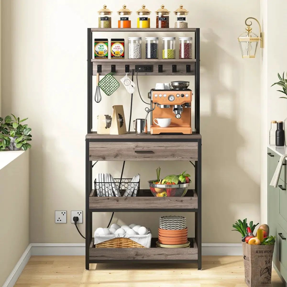 Grey Modern Baker's Rack Kitchen Shelving Unit with Pull-Out Shelves and Drawer by HomePacific