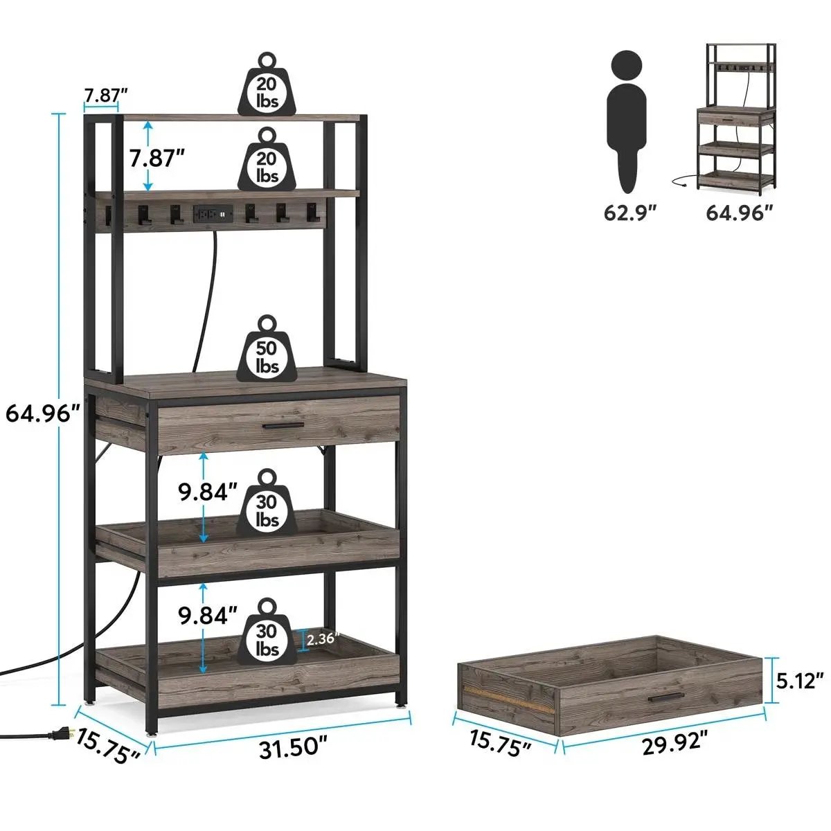 Grey Modern Baker's Rack Kitchen Shelving Unit with Pull-Out Shelves and Drawer by HomePacific