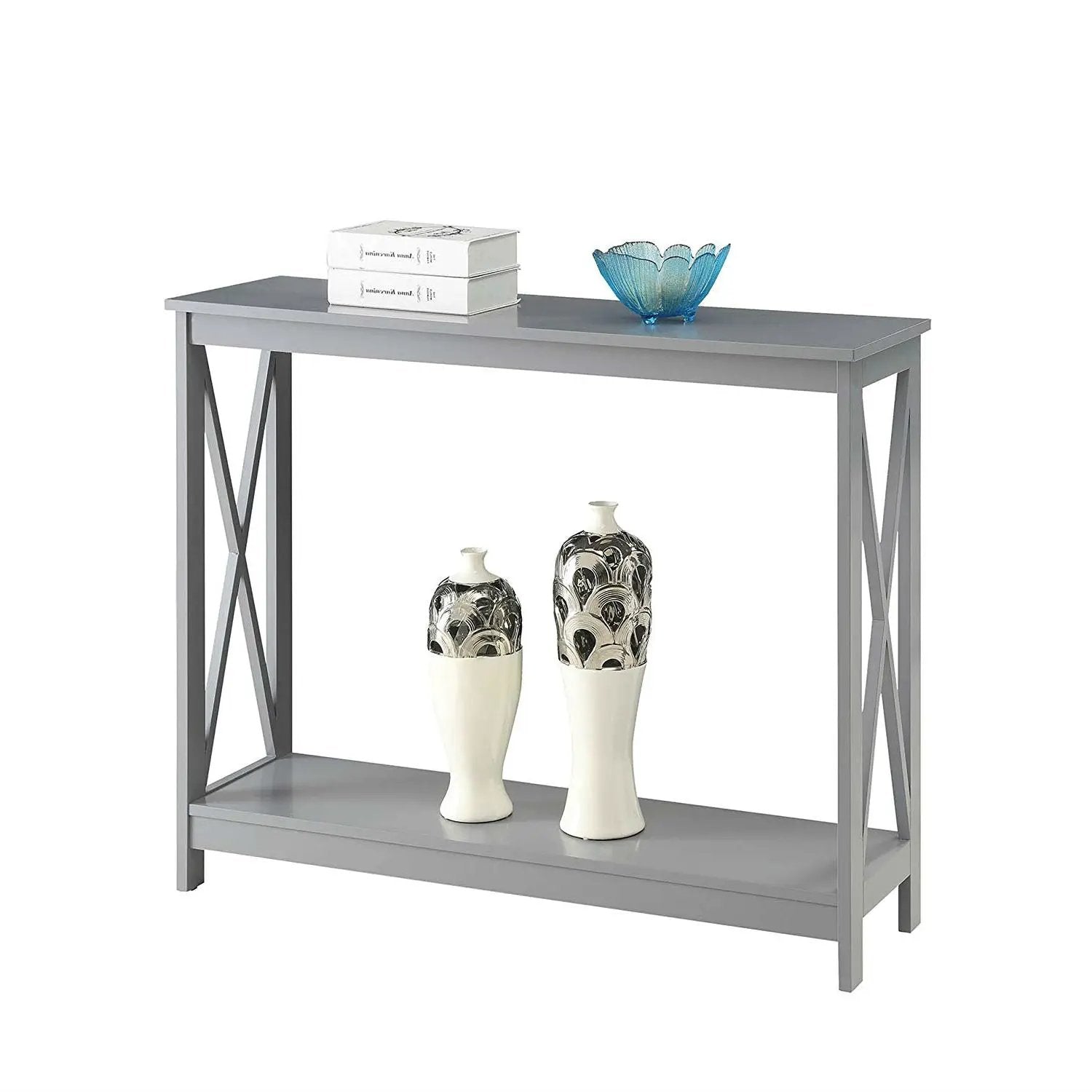 Grey Wood Console Sofa Table with Bottom Storage Shelf by HomePacific