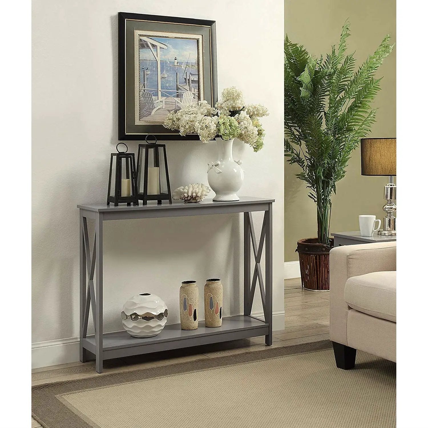 Grey Wood Console Sofa Table with Bottom Storage Shelf by HomePacific