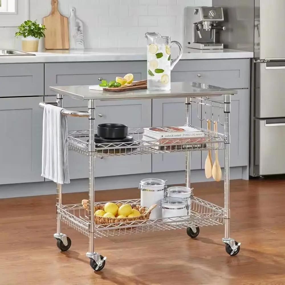Kitchen Island Cart with Stainless Steel Top and 2 Bottom Storage Shelves by HomePacific