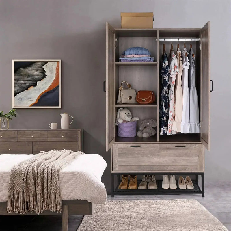 Modern 2-Door Bedroom Wardrobe Cabinet Armoire Shoe Rack in Retro Grey Finish by HomePacific