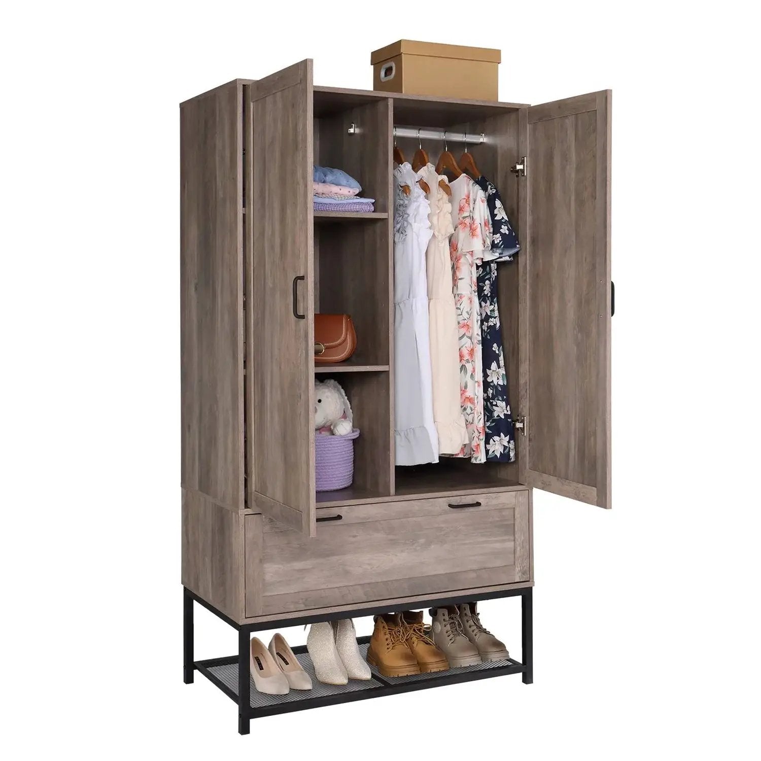 Modern 2-Door Bedroom Wardrobe Cabinet Armoire Shoe Rack in Retro Grey Finish by HomePacific