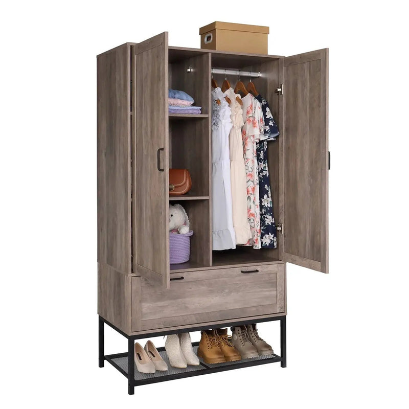 Modern 2-Door Bedroom Wardrobe Cabinet Armoire Shoe Rack in Retro Grey Finish by HomePacific