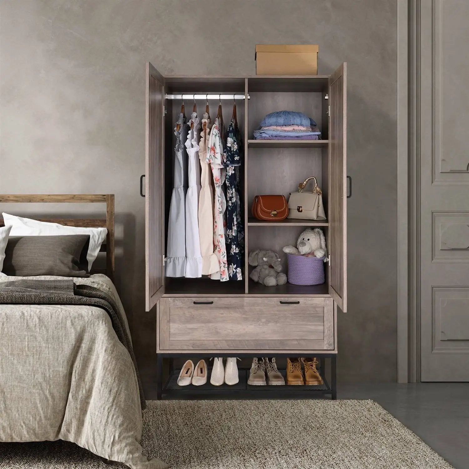 Modern 2-Door Bedroom Wardrobe Cabinet Armoire Shoe Rack in Retro Grey Finish by HomePacific