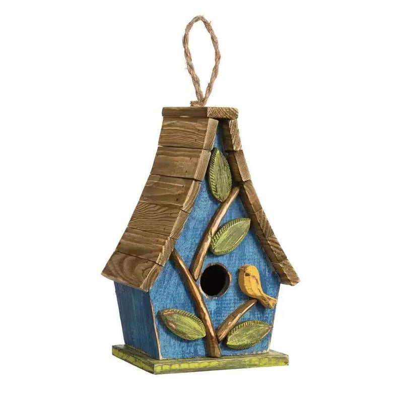 Farmhouse Solid Wood Hanging Birdhouse in Blue Green Yellow Brown by HomePacific
