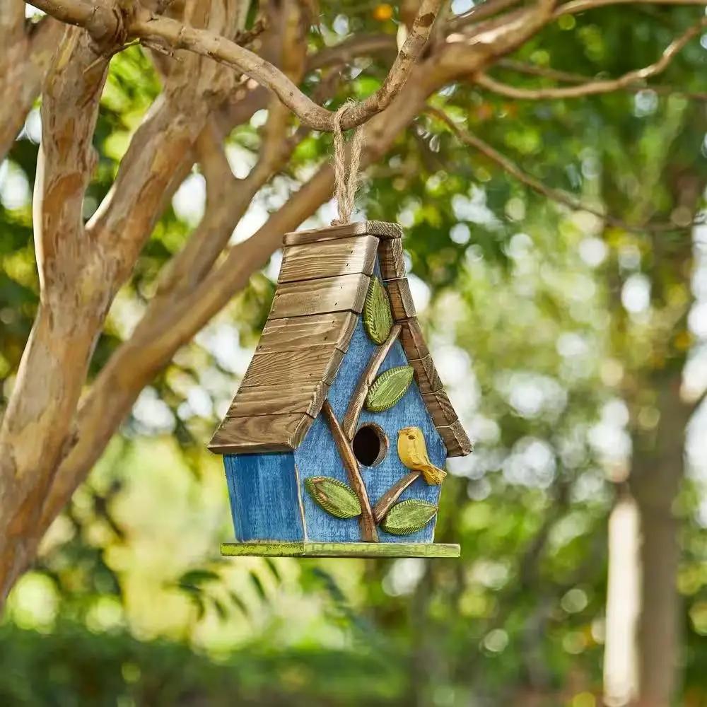 Farmhouse Solid Wood Hanging Birdhouse in Blue Green Yellow Brown by HomePacific
