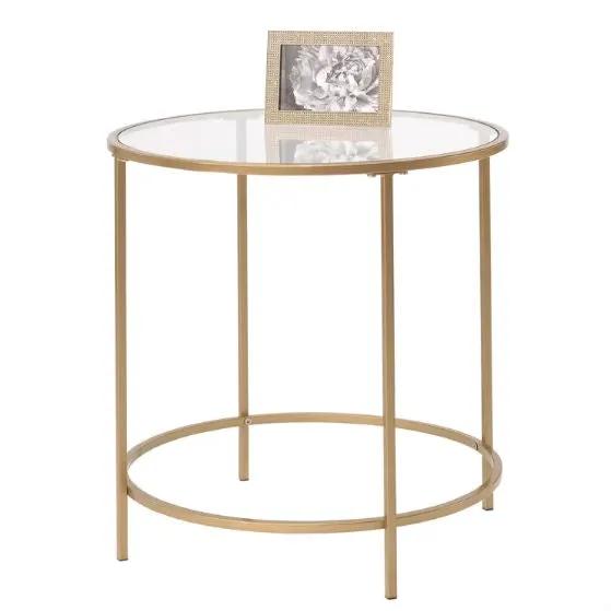 Round Glass Top End Table Nightstand with Gold Metal Frame by HomePacific