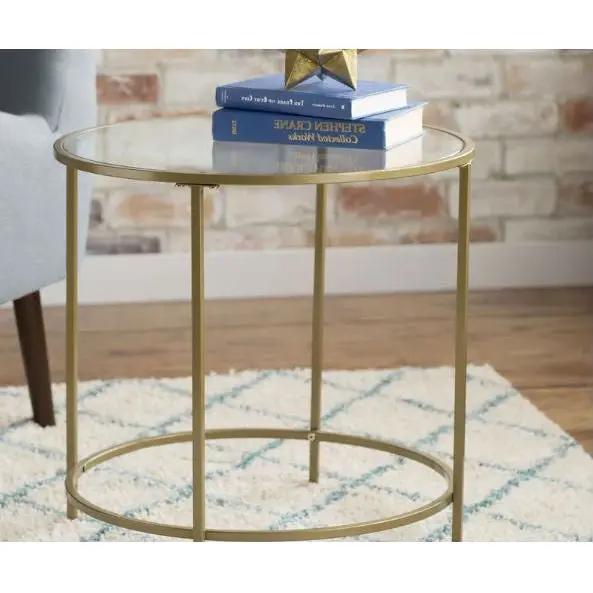 Round Glass Top End Table Nightstand with Gold Metal Frame by HomePacific