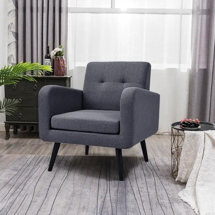 Mid-Century Modern Grey Linen Upholstered Accent Chair with Wooden Legs by HomePacific