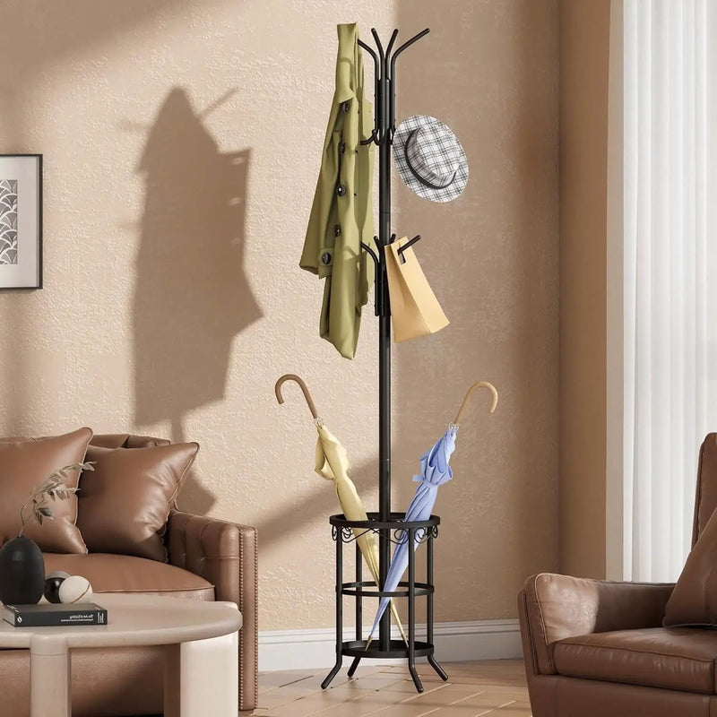Black Metal Entryway Coat Rack Hall Tree with Umbrella Stand by HomePacific