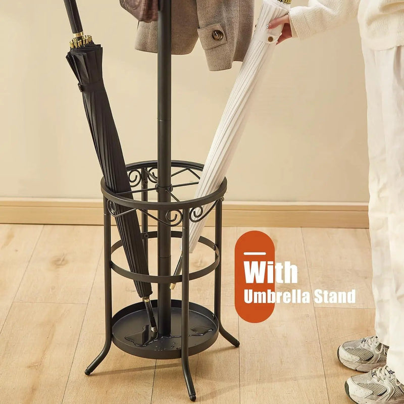 Black Metal Entryway Coat Rack Hall Tree with Umbrella Stand by HomePacific