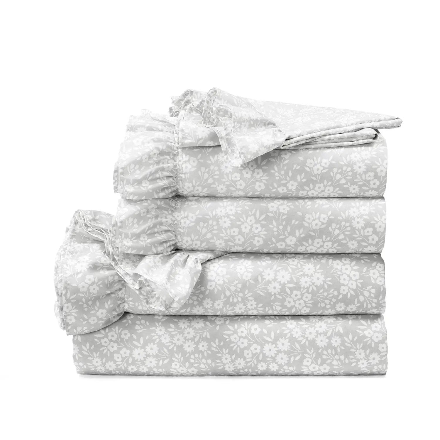 Queen size Grey Ruffle Floral Polyester 6 Piece Sheet Set by HomePacific