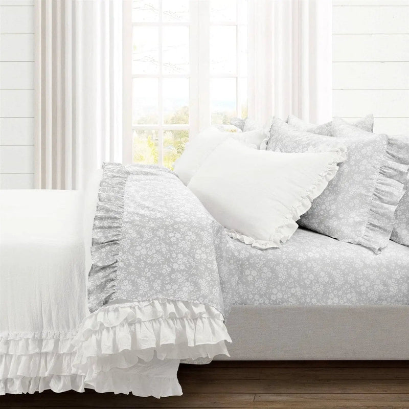 Queen size Grey Ruffle Floral Polyester 6 Piece Sheet Set by HomePacific
