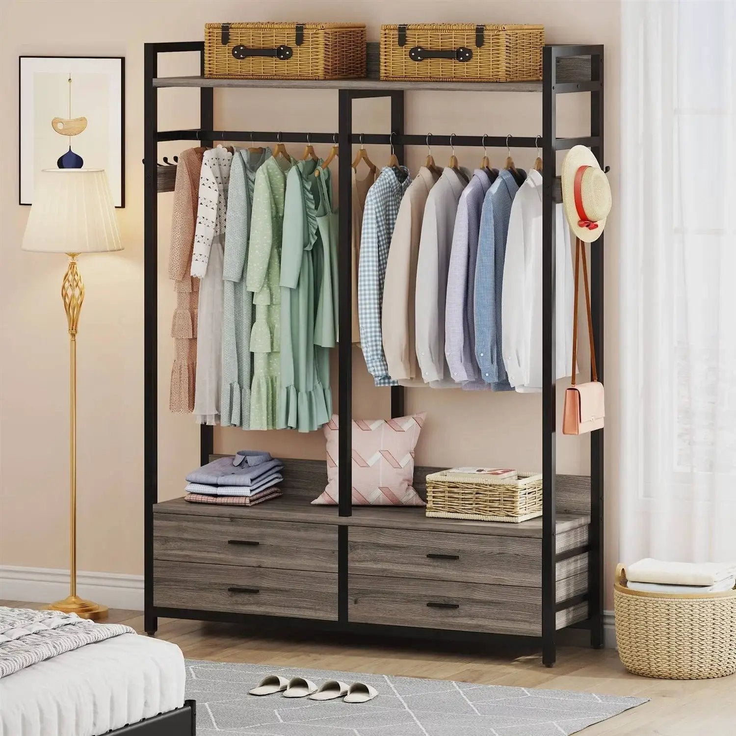 Modern Grey Black Garment Rack with Clothes Hanging Rod and 4 Storage Drawers by HomePacific