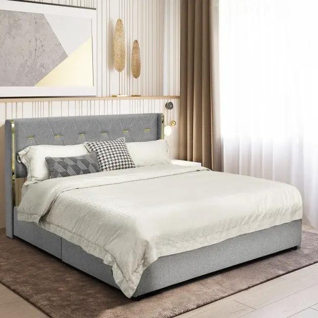 Full Size Grey/Gold Linen Headboard 4 Drawer Storage Platform Bed by HomePacific