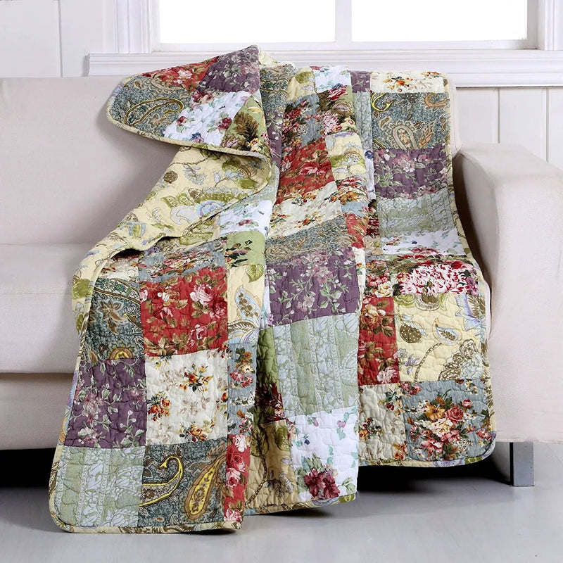 Red Green Blue Purple Yellow White 100-Percent Cotton Floral Patchwork Quilt Throw Blanket by HomePacific