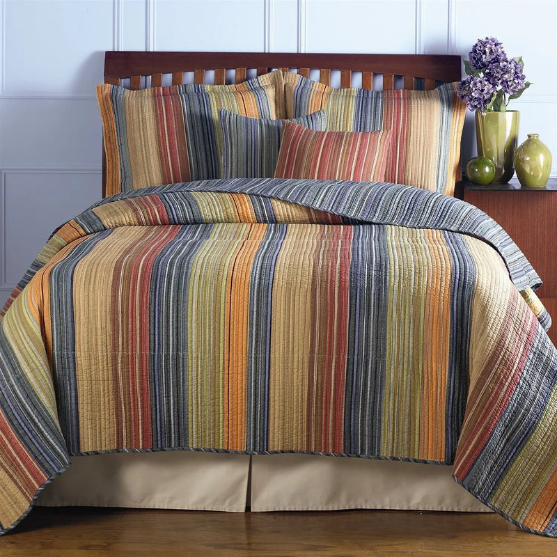 Full / Queen 100% Cotton Quilt Set with Red Orange Blue Brown Stripes by HomePacific