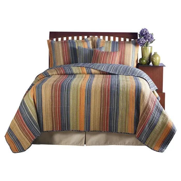 Full / Queen 100% Cotton Quilt Set with Red Orange Blue Brown Stripes by HomePacific