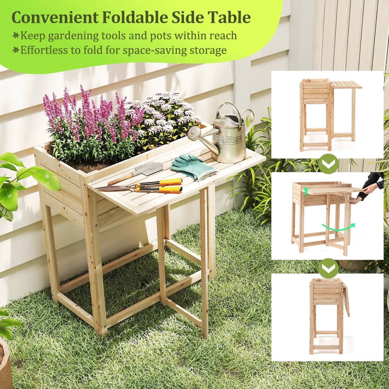 Wooden Raised Garden Bed with Legs and Foldable Side Table by DirectDeals