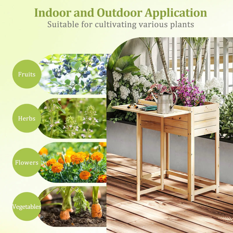 Wooden Raised Garden Bed with Legs and Foldable Side Table by DirectDeals