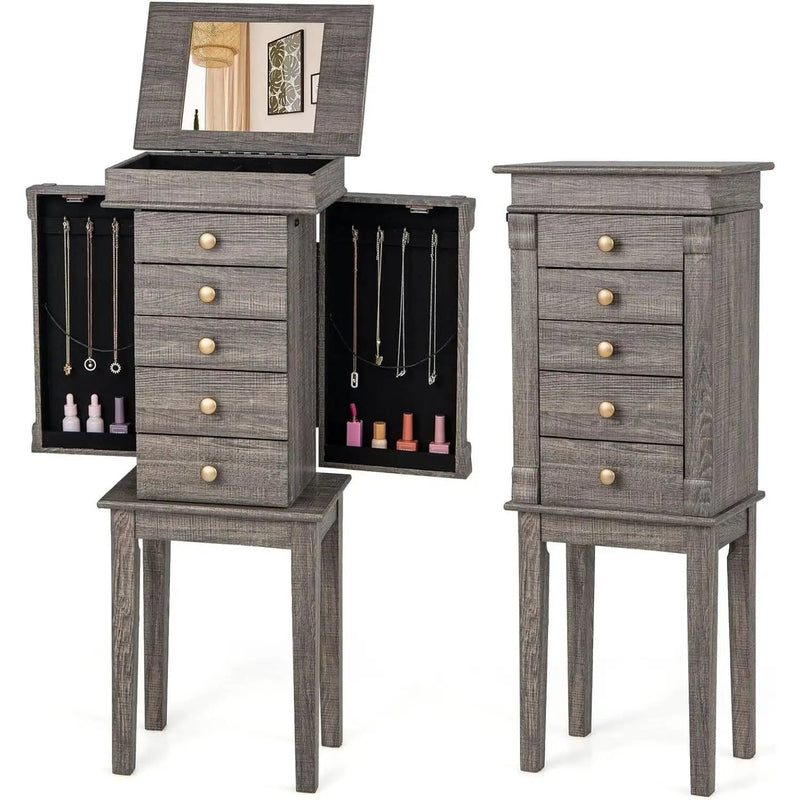 5-Drawer Jewelry Armoire Cabinet with Top Mirror in Grey Wood Finish by HomePacific