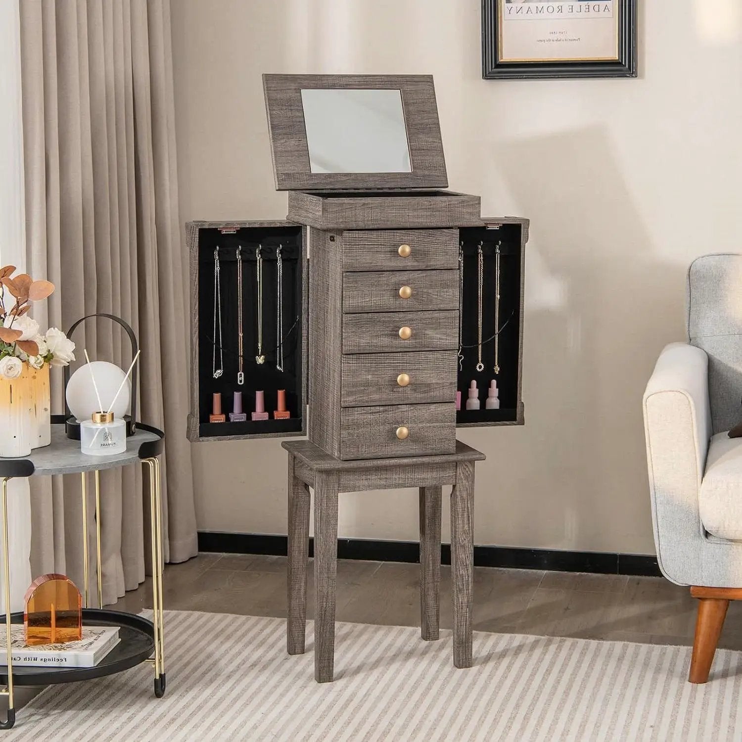5-Drawer Jewelry Armoire Cabinet with Top Mirror in Grey Wood Finish by HomePacific