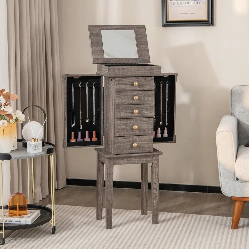 5-Drawer Jewelry Armoire Cabinet with Top Mirror in Grey Wood Finish by HomePacific