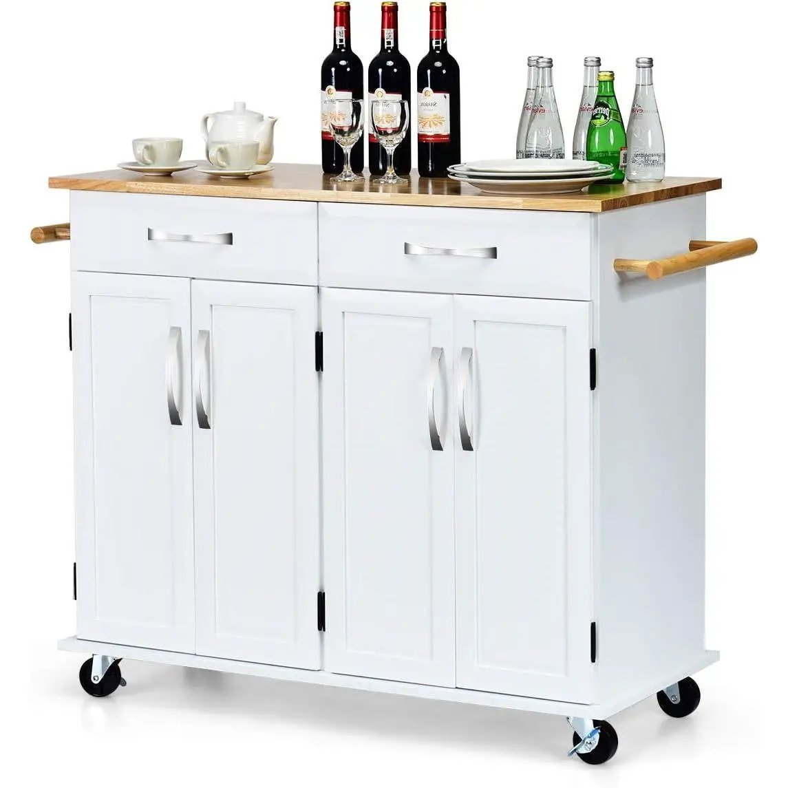 White Kitchen Cart Island with Wood Top 2 Drawers and Bottom Storage Cabinet by HomePacific